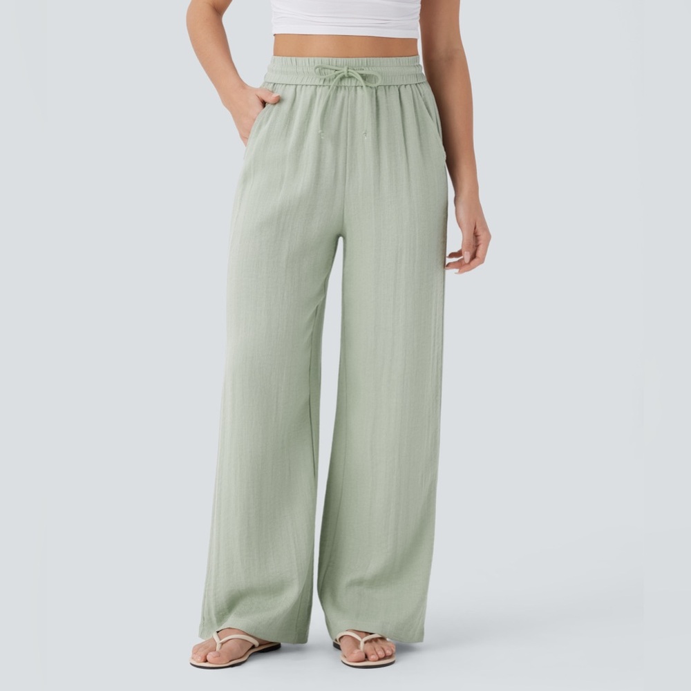 High Waisted Drawstring Pocket Wide Leg Casual Linen-Feel Pants